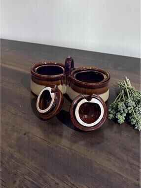 Vintage Stoneware Double Condiment Crock Set